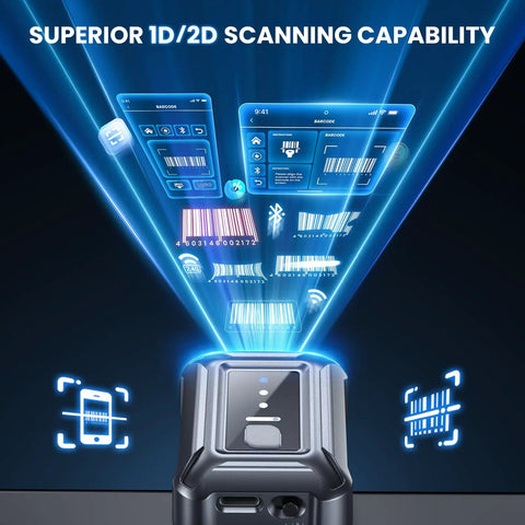 Wristband Wearable Barcode Scanner For Hands Free Scanning Fast 1D 2D Code Capture Pro Grade Portable Bluetooth USB QR Reader For Warehouse Use Compatible With iPhone iPad And Android showing scanning capabilities.