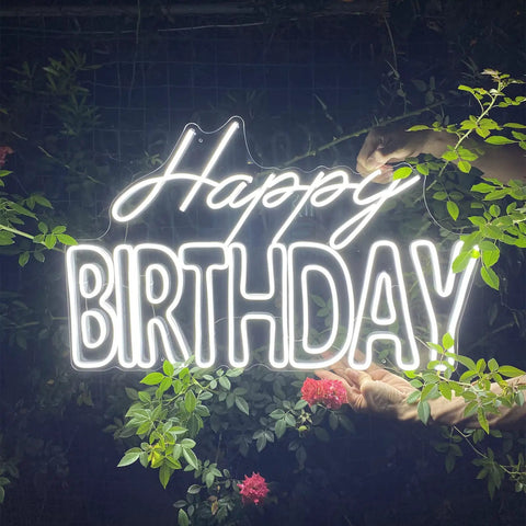 Big Birthday Neon Sign For Wall Decor With Dimmer Switch, white LED tubes amidst greenery