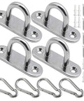 Stainless Steel Pad Eye Hooks Kit For Ceiling Hanging 1200 Lb Capacity Heavy Duty Snap Hooks With Screws Silver Oval 4 Pack For Hammocks Plant Hangers And Marine Hardware, with screws and snap hooks
