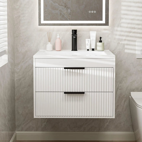 No Fuss 24 Inch Wall Mount Bathroom Vanity With Durable Resin Sink And Deep Twin Drawers, Smooth White MDF Floating Cabinet Featuring Matte Black Handles.