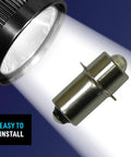 High Power LED Upgrade Bulb For C And D Cell Flashlights 74 Lumen Soft White Replacement, shown next to flashlight beam.