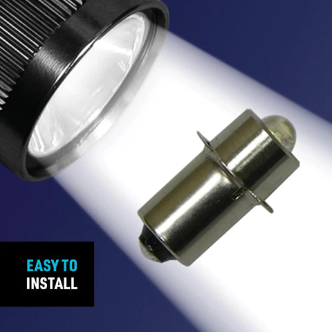 High Power LED Upgrade Bulb For C And D Cell Flashlights 74 Lumen Soft White Replacement, shown next to flashlight beam.