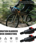 Cyclist with Two-Pack Hydration System Quick Disconnects For One Quarter Inch Drink Tubing, Leak-Free Connection on trail