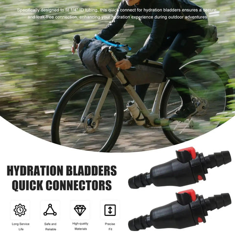Cyclist using Upgraded Two Pack Hydration System Quick Disconnect For Quarter Inch Drink Tube With Auto Shut Off Leak Free Connection