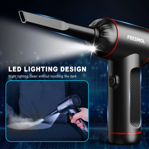 Rechargeable Cordless Air Duster With LED Light 100000 RPM 3 Gear Adjustable Airflow Powerful Desktop Computer Keyboard And Electronics Cleaning Blower shown in use with LED lighting design.