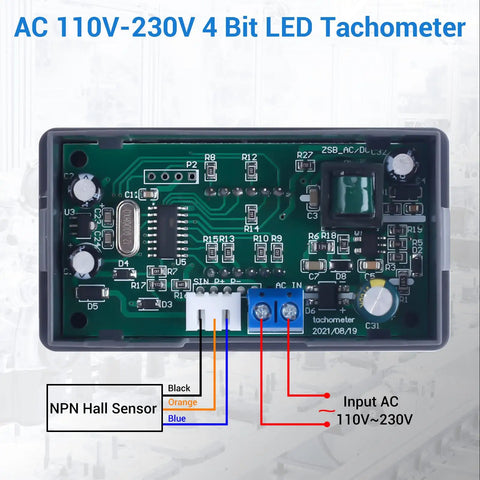 Digital Red LED Tachometer RPM Speed Meter For 110V 230V Motors circuit board with NPN Hall Proximity Switch and sensor connections.