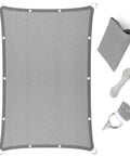 4 By 5 Feet Sun Shade Sail With Durable Grommets Heavy Duty UV Blocking Mesh For Outdoor Patio Deck Or Porch 170 GSM HDPE Shade Canopy Cover Ideal For Backyards Poolside And Porches, showing gray sail, grommets, and accessories