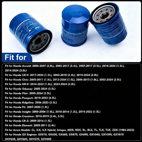 Top Notch Engine Oil Filter Replacement Set For Honda Acura TLX RDX Civic Pilot 3 Pack 15400-PLM-A02 15400-PLM-A01 shown with compatibility list