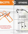 Comparison image of orange Two In One Ladder Stabilizer For Roof Access With Horizontal And Vertical Ridge Extensions Rubber Grip T Bar Heavy Duty Build for steep roofs versus other models for flat roofs.