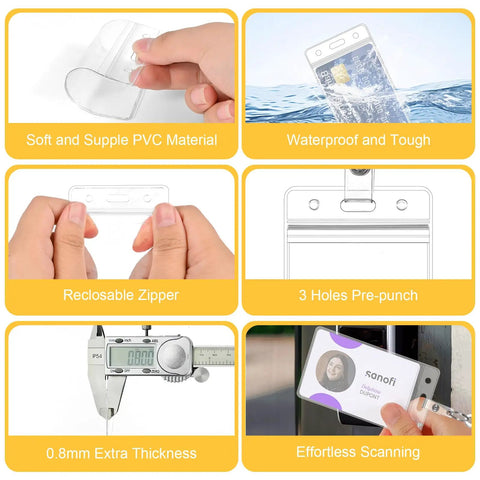 Grab And Go Two Card Wrist Coil ID Holder With Multitool Carabiner Clip features PVC material, waterproof, reclosable zipper, 3-hole punch.
