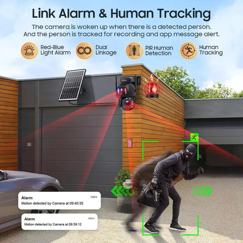 Rugged 4G LTE Solar Security Camera With 50X Optical Zoom, 6MP HD, Color Night Vision, alarm and human tracking demonstrated outdoors