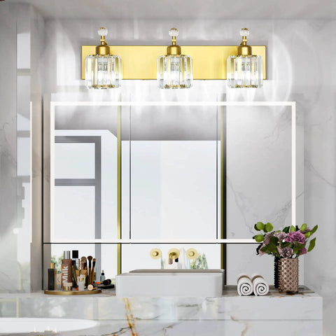 Gold Crystal Vanity Light for Bathroom, Modern 3 Light Vanity Fixture, Dimmable E26 Socket above a bathroom mirror