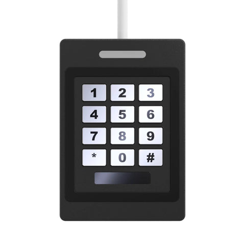 Slim black security keypad with numeric buttons and white wire, ideal for access control systems.