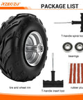 Package contents of 145/70-6 Mini Bike Tire With 6 Inch Rear Rim Assembly Kit including tools and accessories