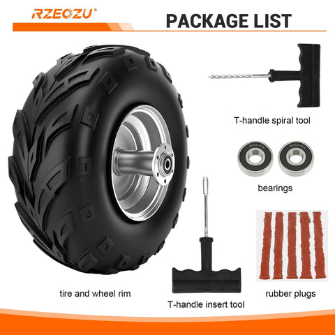 Package contents of 145/70-6 Mini Bike Tire With 6 Inch Rear Rim Assembly Kit including tools and accessories