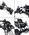 High Clearance LCG RC Crawler Chassis Kit with carbon fiber rails, portal axles, forward gearbox, and adjustable shocks close-up