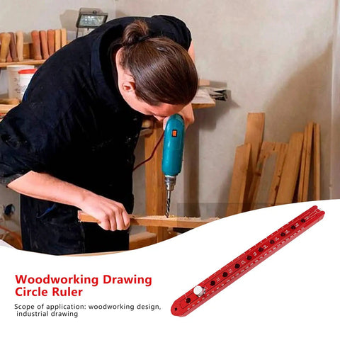 Person using Aluminum Alloy Circular Drawing Tool With Adjustable Radius Scriber For Woodworking in workshop with wood planks.