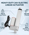 Beefy 24V Linear Actuator With 100mm Stroke And 750N Push Pull displayed with specs and features.