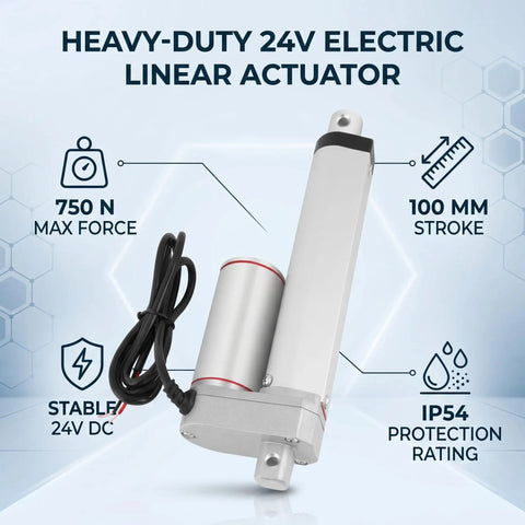 Beefy 24V Linear Actuator With 100mm Stroke And 750N Push Pull displayed with specs and features.