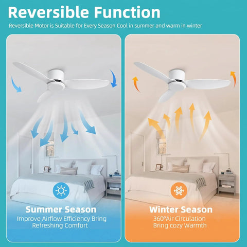 WINDBROOK Modern Ceiling Fan No Light, 42 Inch Black 3 Blade Ceiling Fan With Remote shown in reversible summer and winter modes.