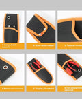 Heavy Duty Tool Pouch Built Tough With Reinforced 600D Fabric And Riveted Seams For Electricians Carpenters showing compartments and stitching details.