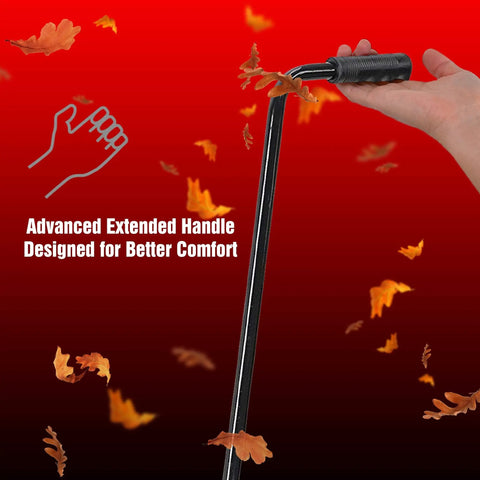 Hand holding handle of Heavy Duty 4 Inch By 10 Foot Leaf Vacuum Kit With Mulcher Shredder Attachment against red background with leaves.
