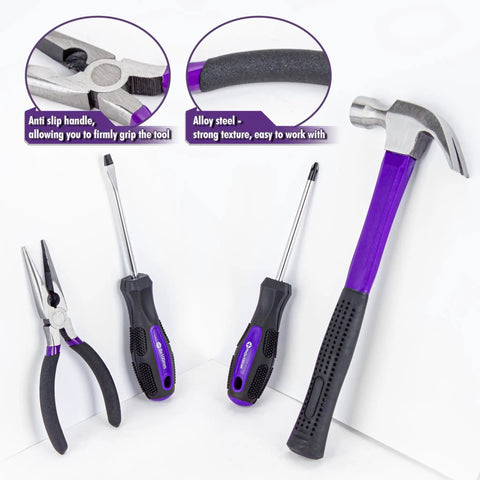 148 Piece Automotive And Household Tool Set With Purple Case For Home Repairs And DIY Projects featuring pliers, screwdrivers, and hammer