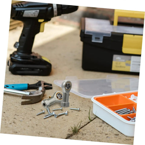 Built Tough Four Pack Fish Eye Threaded Rod End Bearings Featuring Durable Copper Housings set on a workbench with tools and screws.
