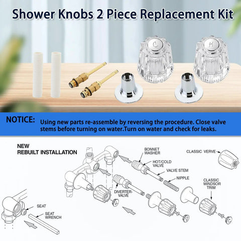 Two Piece Bathtub Shower Knob Rebuild Kit With Clear Acrylic Handles Stems Seats And Flanges For Hot And Cold Water diagram