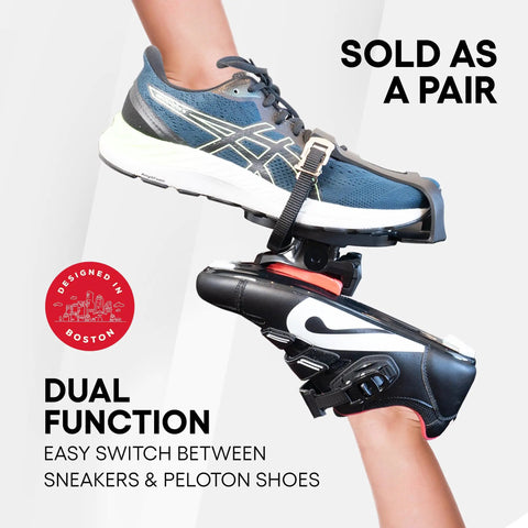 Dual Function Toe Cages For Peloton Pedals So You Can Roll In Sneakers Or Peloton Shoes And Switch Between Regular Shoes And Cycling Shoes Fits All Peloton Bikes And Bike Plus, showing sneakers and cycling shoes in toe cages.
