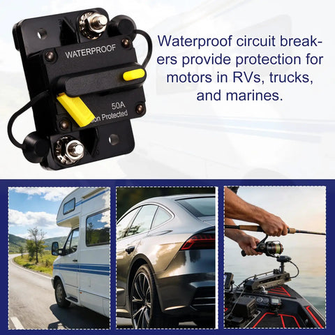 Heavy Duty 50 Amp Marine Circuit Breaker For Minn Kota Trolling Motor showing waterproof design and wiring connections.