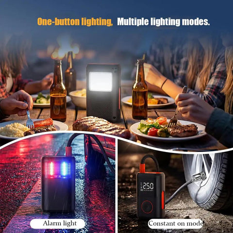 Portable Cordless Tire Inflator Air Compressor With Digital Pressure Gauge And Bright LED Light No Hassle Storage Hella Reliable Power For Hyundai Kona Electric Cars On Road Trips with multiple lighting modes.