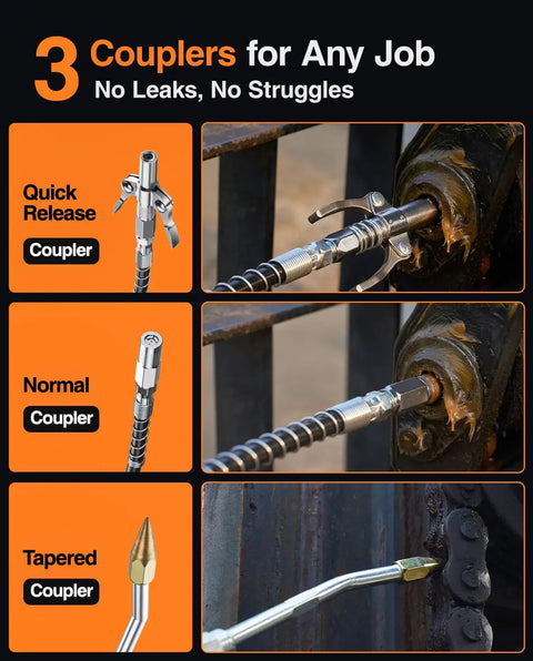 Close-up of 3 coupler types used with Beefy 2-In-1 Electric Grease Gun: quick release, normal, and tapered, ideal for various tasks.