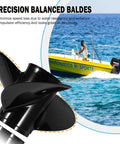 Suzuki 13 Spline 13.75 X 15 Right Hand 3 Blade Outboard Propeller, close-up with boat in background, precision machined