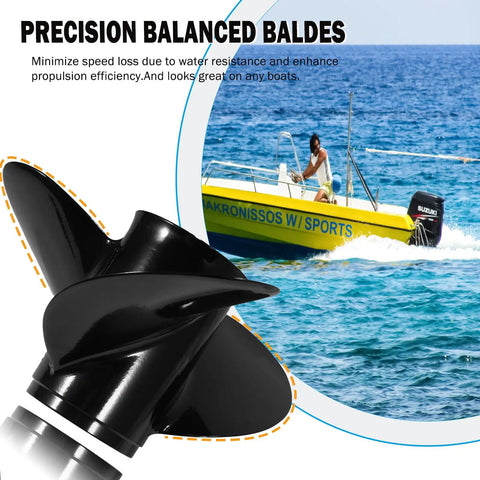 Suzuki 13 Spline 13.75 X 15 Right Hand 3 Blade Outboard Propeller, close-up with boat in background, precision machined