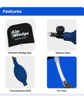 Air wedge bag pump features collage: inflatable wedge bag, release valve, blue hand-squeeze bulb, and air tube
