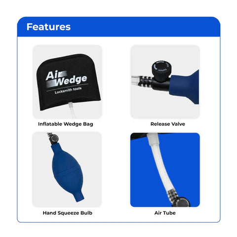 Air wedge bag pump features collage: inflatable wedge bag, release valve, blue hand-squeeze bulb, and air tube