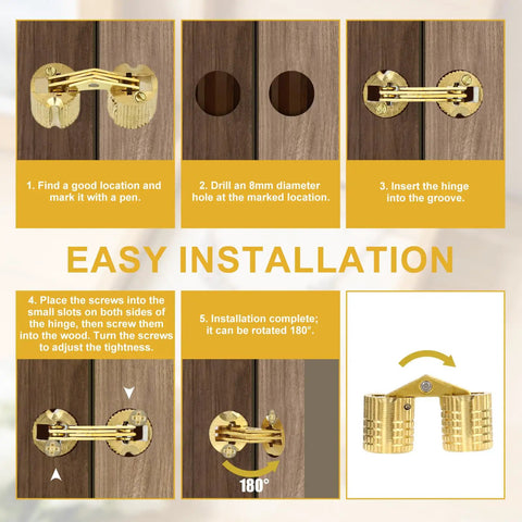 5-step installation guide for 4 Pack 8mm Hidden Brass Barrel Hinges With 180 Degree Opening For Wood Cabinets Jewelry Boxes And DIY Projects