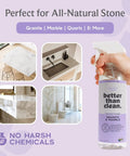 Hand holding Plant Based Natural Stone Cleaner Starter Pack For Marble And Granite Countertops Showers Floors And More Fragrance Free Kid And Pet Friendly Safe For Sensitive Skin, next to images of clean stone surfaces.