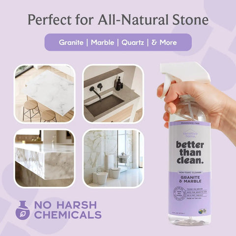Hand holding Plant Based Natural Stone Cleaner Starter Pack For Marble And Granite Countertops Showers Floors And More Fragrance Free Kid And Pet Friendly Safe For Sensitive Skin, next to images of clean stone surfaces.