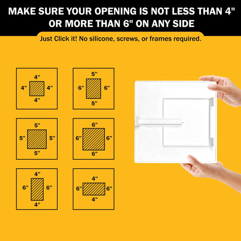 Spring Loaded Adjustable Access Panel Snaps Straight Into 4x4 Through 6x6 Wall Or Ceiling Openings With Zero Sweat And No Drilling Required Paintable Plastic Cover Fits Like A Breeze showing size guide for openings.