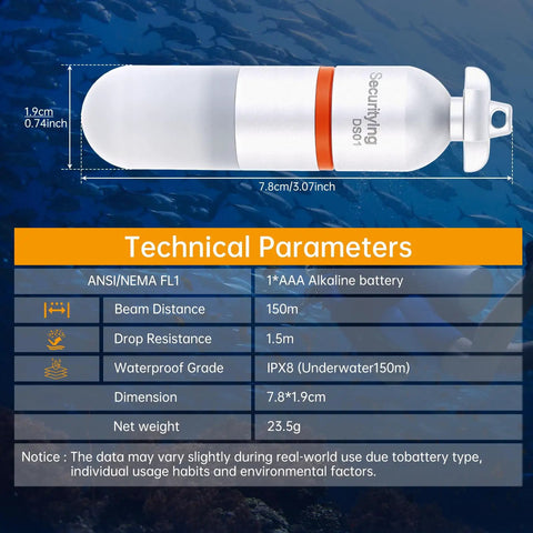 Technical specs of Two Pack Scuba Dive Strobe Signal Lights Mini Tank Lit Night Dive Markers Underwater LED Flashing Safety Beacons 150M Waterproof Dive Lights For Tanks Or BCDs Long Battery Life With AAA Batteries Green.