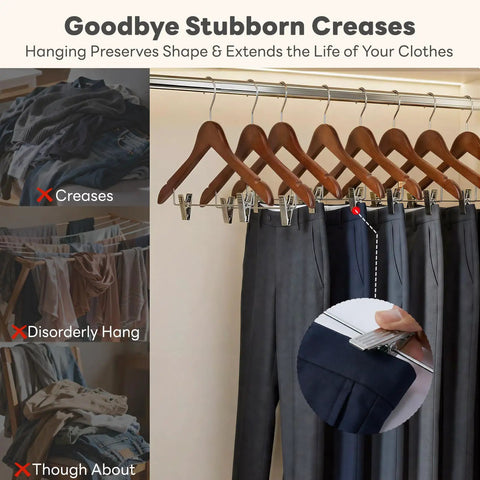 Heavy Duty Wooden Hangers With Clips 24 Pack Premium Walnut Wood Hangers With Adjustable Clips For Pants And Skirts, shows clothes hung neatly preventing creases.