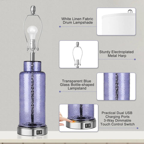 Set Of 2 Blue Glass Table Lamps 26 Inches Tall With White Shade, Touch Control And USB Ports, shown in detail image.