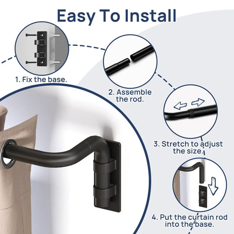 Installation steps for a matte blackout curtain rod with wrap around design, adjustable from 30 to 86 inches, fits windows 48 to 84.