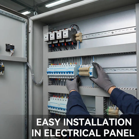 Heavy Duty 16 Inch Aluminum DIN Rail 35mm Wide Slotted Top Hat Mounts 2 Pack installed in electrical panel