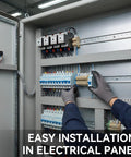 Worker installing components on 12 Inch 35mm Wide Top Hat Slotted Aluminum DIN Rail Mounts, Two Pack in electrical panel