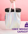 Iridescent Gift Bags With Handles 8x4x10 Inch Holographic Reusable Medium Size holding weights, 10kg capacity