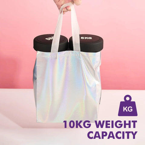 Iridescent Gift Bags With Handles 8x4x10 Inch Holographic Reusable Medium Size holding weights, 10kg capacity