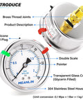 Beefy Stainless Steel Liquid Filled Pressure Gauge 0 to 30 Psi 1 Quarter NPT Center Back Mount Two And A Half Inch Luminous Dial